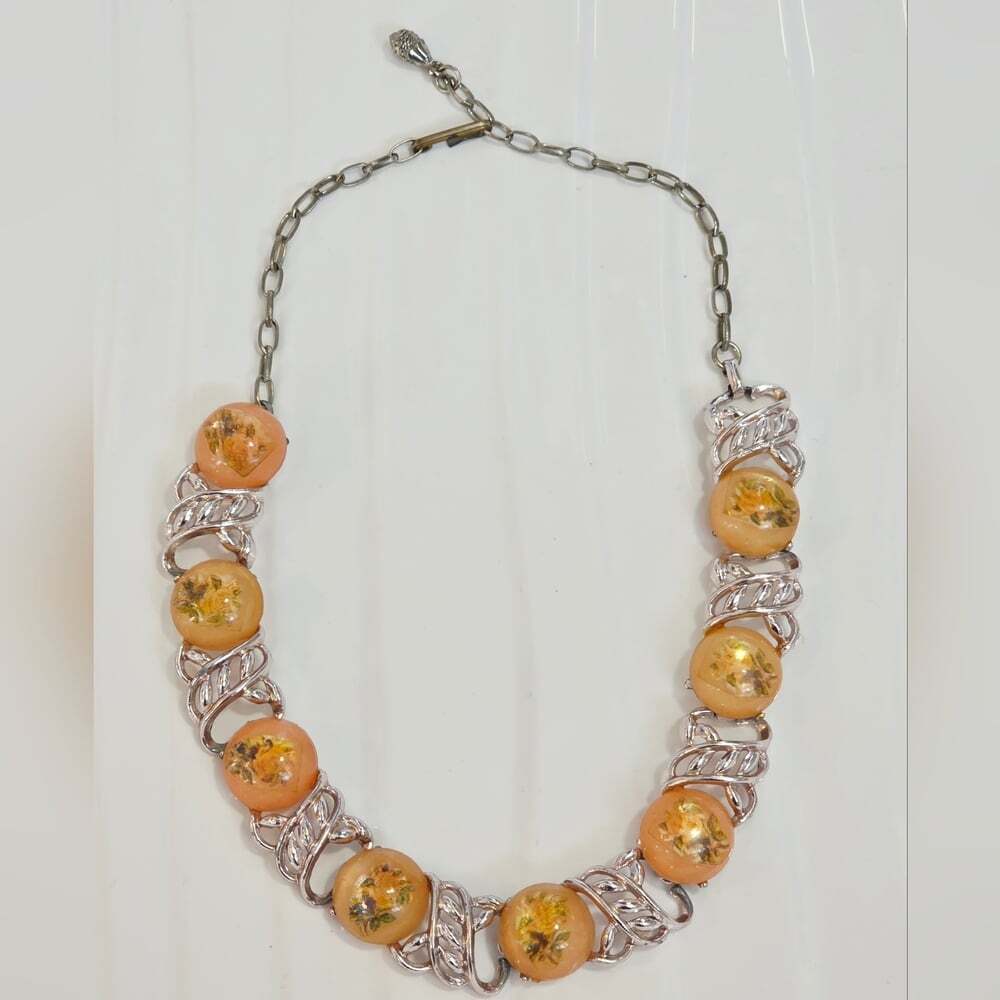 Vintage 1950s Orange Lucite Silver Necklace